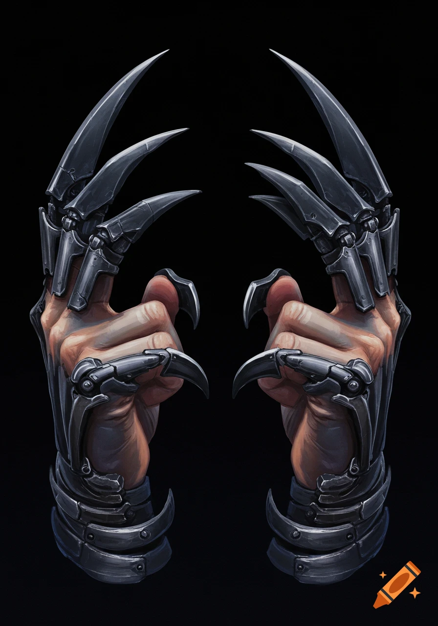 Hands wearing sharp, retractable metal talons on a black background.