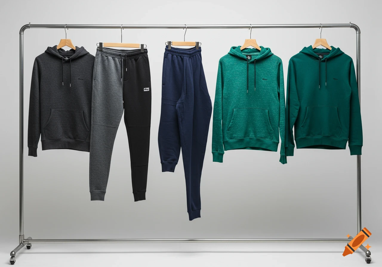 Hoddies On A Rack Hoodies and joggers hanging on a clothing rack on Craiyon