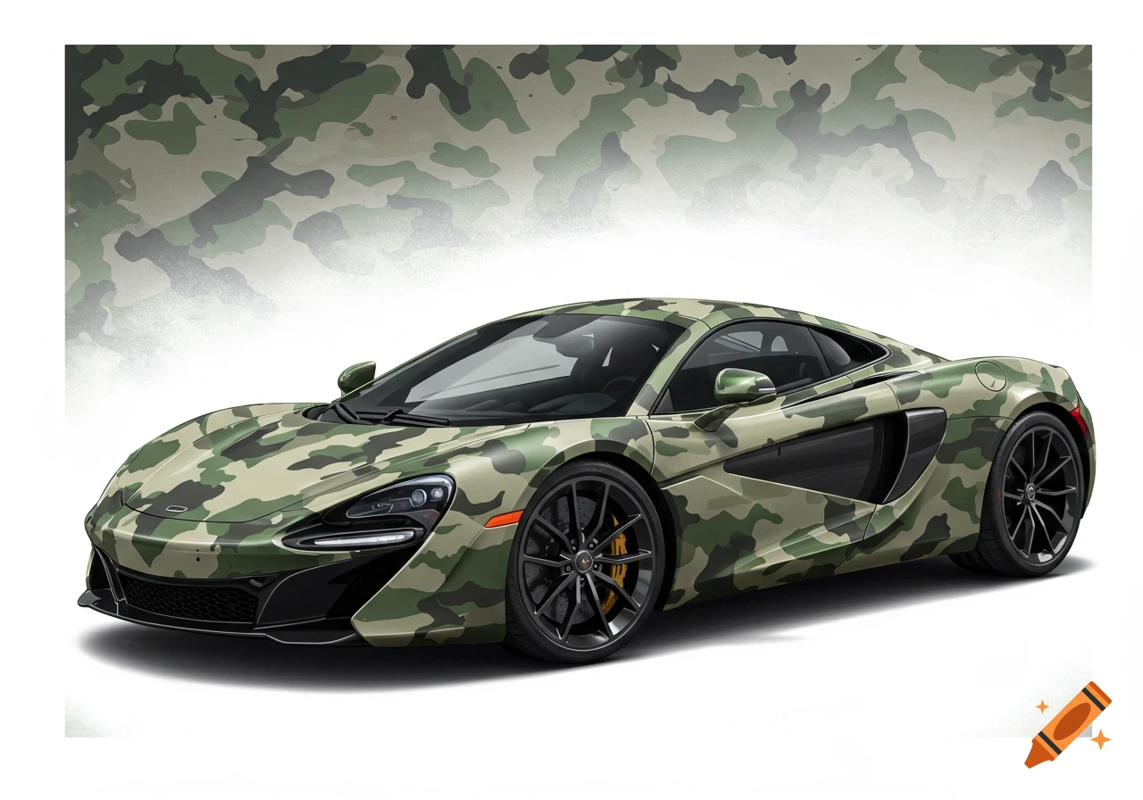 Illustration of a McLaren sports car with green and tan camouflage pattern against a white background.