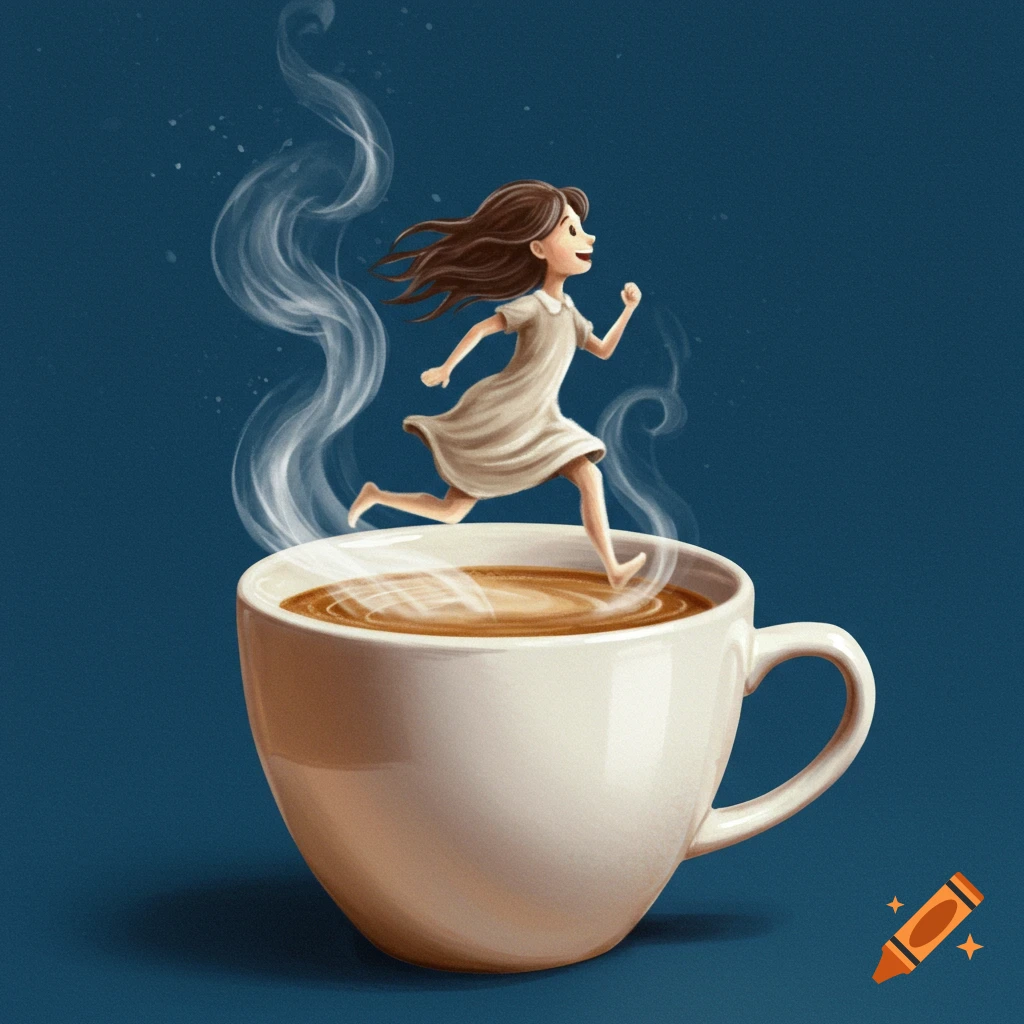 Cartoon illustration of a girl running on the surface of coffee in a cup, with steam rising in the shape of the girl.