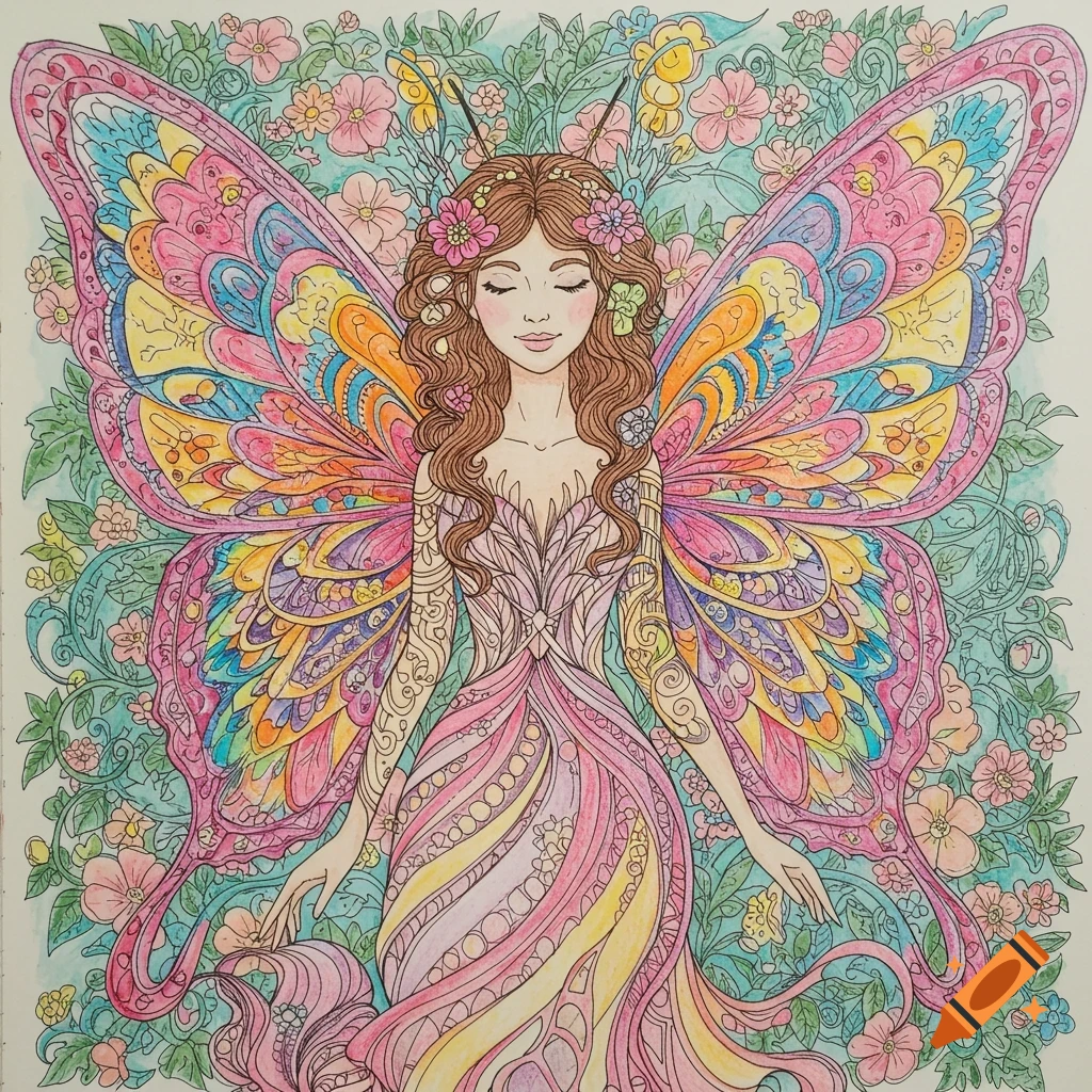A woman with large, colorful butterfly wings sits in a floral background, in a coloring page style.
