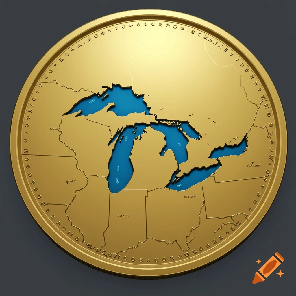 Gold commander's coin with a blue map of the Great Lakes