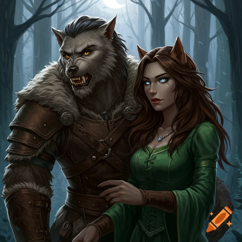 A werewolf and a woman with animal ears stand together in a moonlit forest.