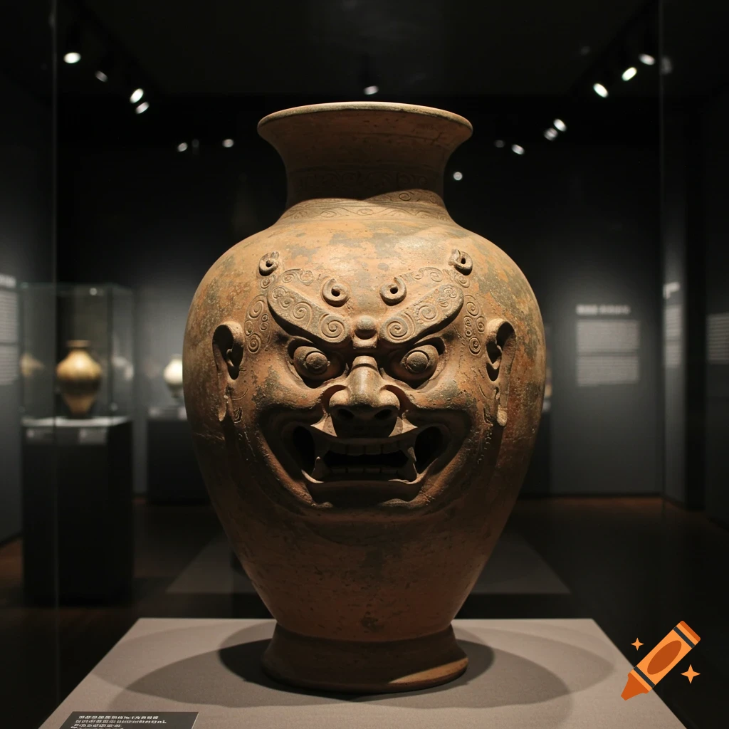 Ancient Chinese clay vase with a carved demon face displayed in a museum