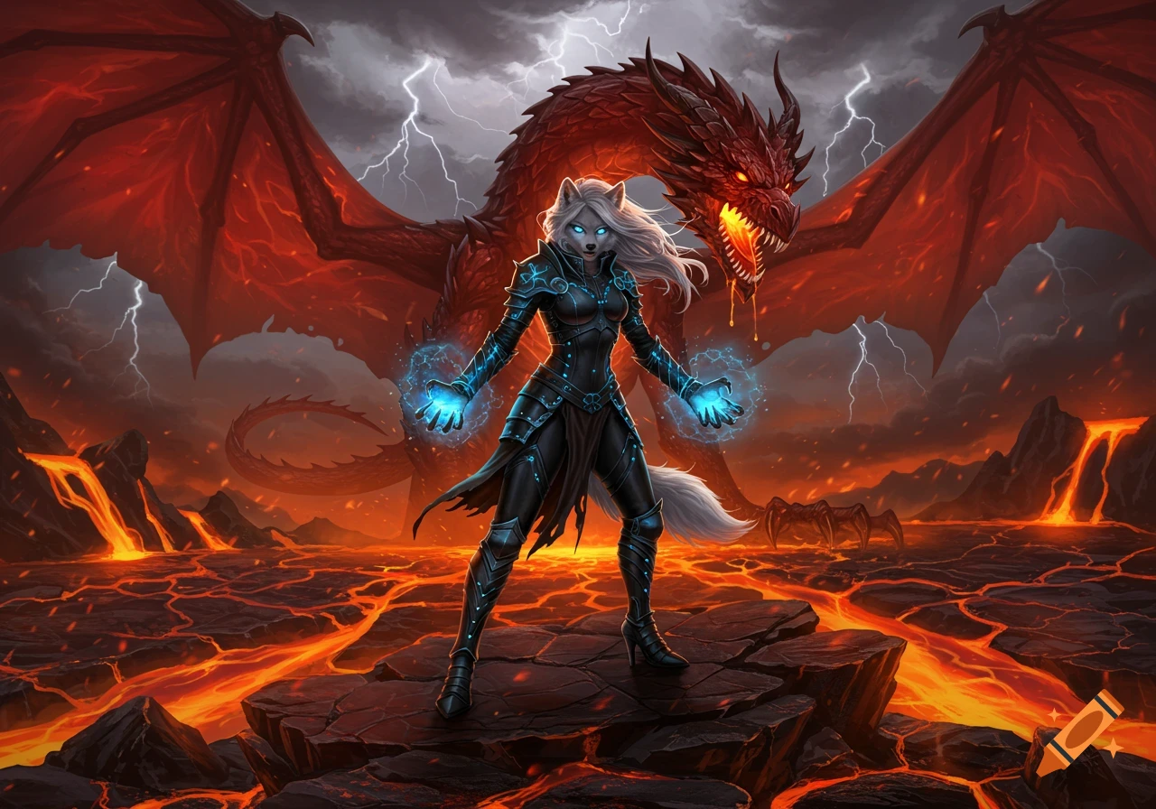 A wolf girl casts blue magic before a red dragon in a volcanic landscape with lightning.