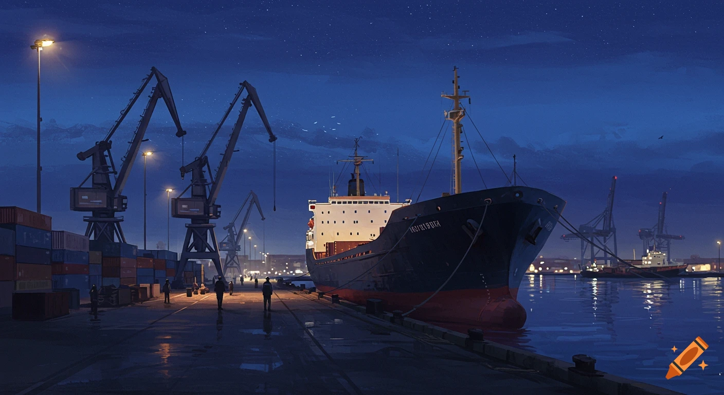 A cargo ship docked at a busy port at night under a star-filled sky, with cranes and containers.