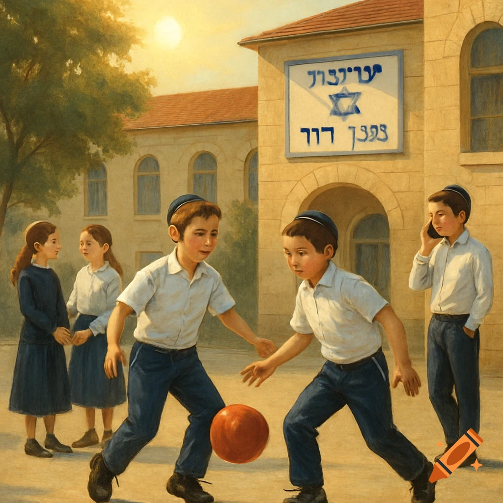 Children play soccer and talk outside a building with a sign, sunny day, painted style.