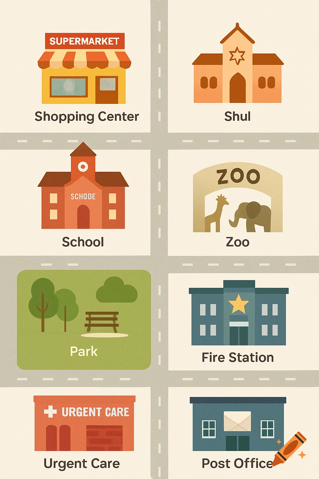 An illustrated grid showing different community buildings including a shopping center, shul, school, zoo, park, fire station, urgent care, and post office.