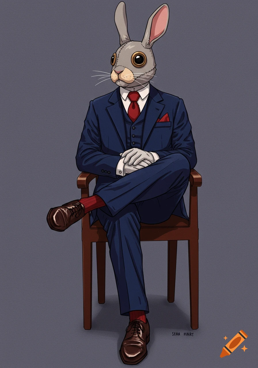 Illustration of an anthropomorphic rabbit in a blue suit and red tie ...