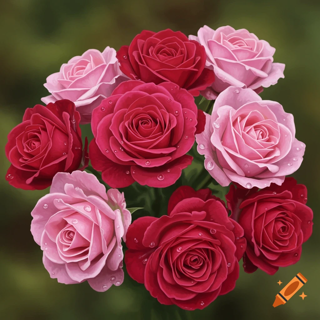 A bouquet of red and pink roses covered in water droplets.