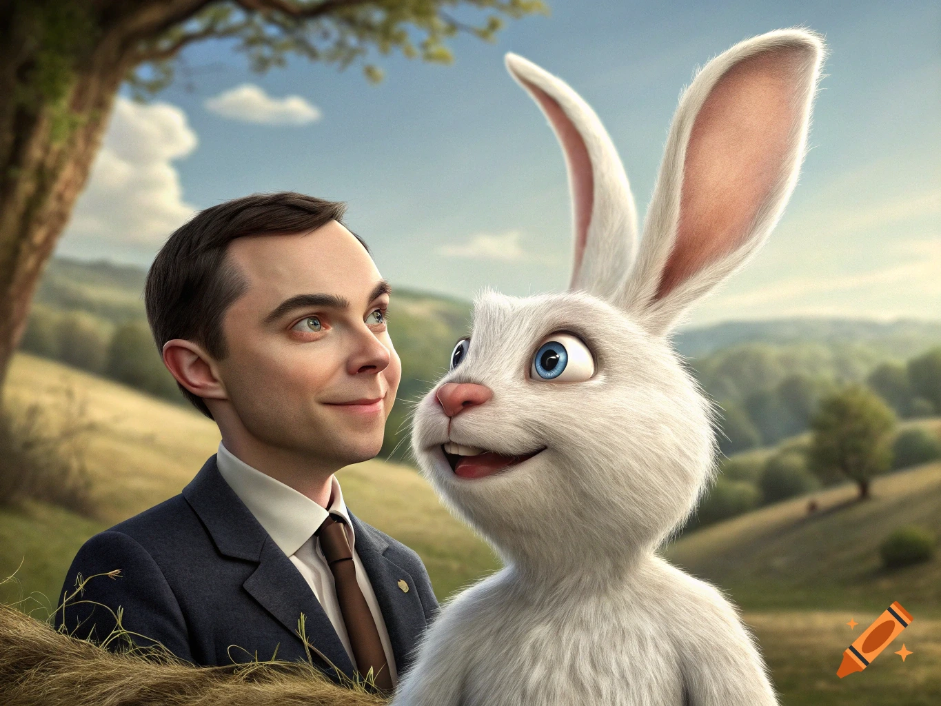 A man resembling Jim Parsons smiles at a large, cartoonish white rabbit in a sunny field.