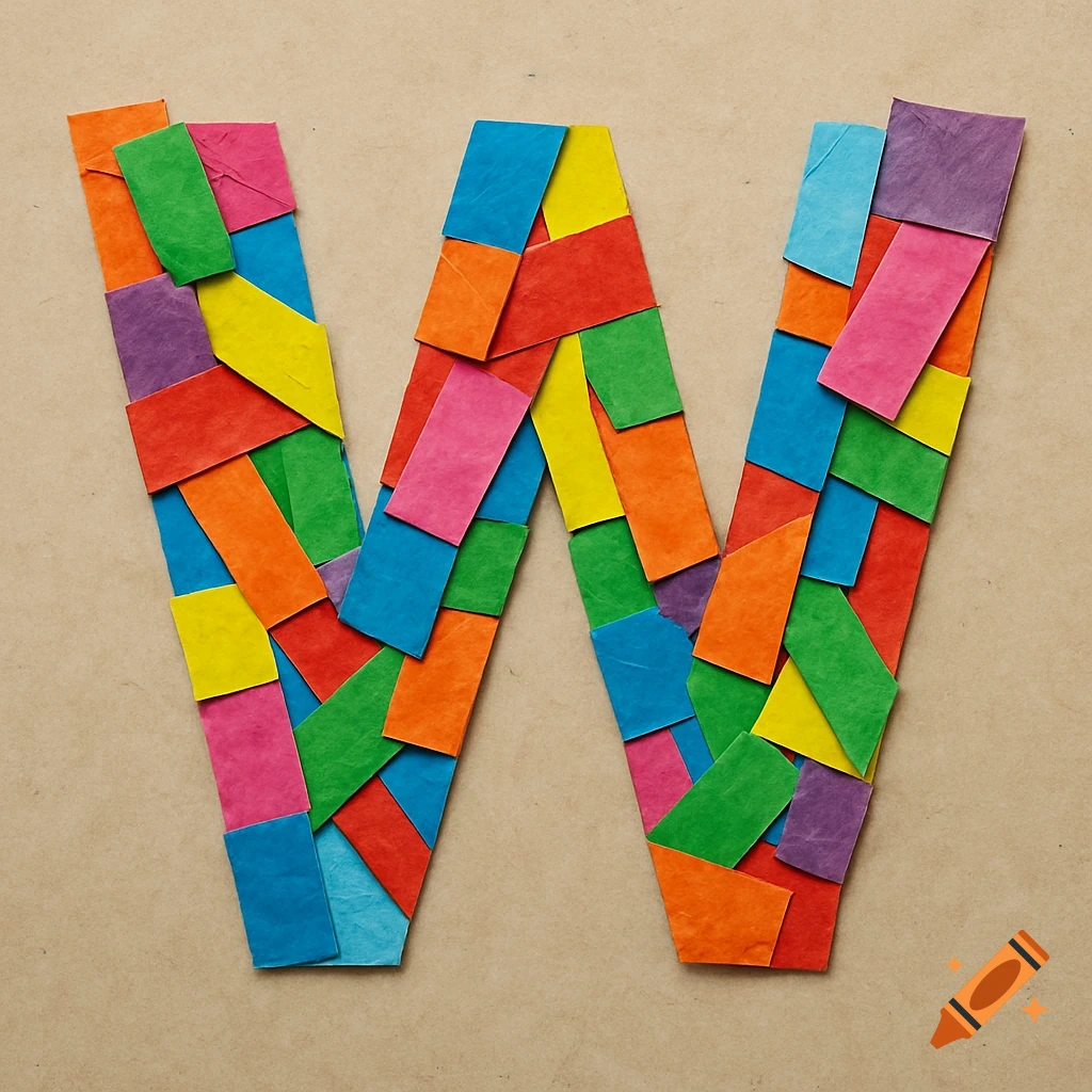 A large letter W made from a collage of colorful paper scraps. on Craiyon