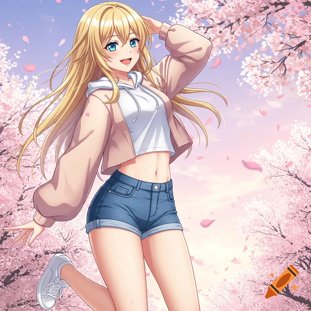 Anime girl in cropped hoodie and denim shorts standing among pink cherry blossoms.