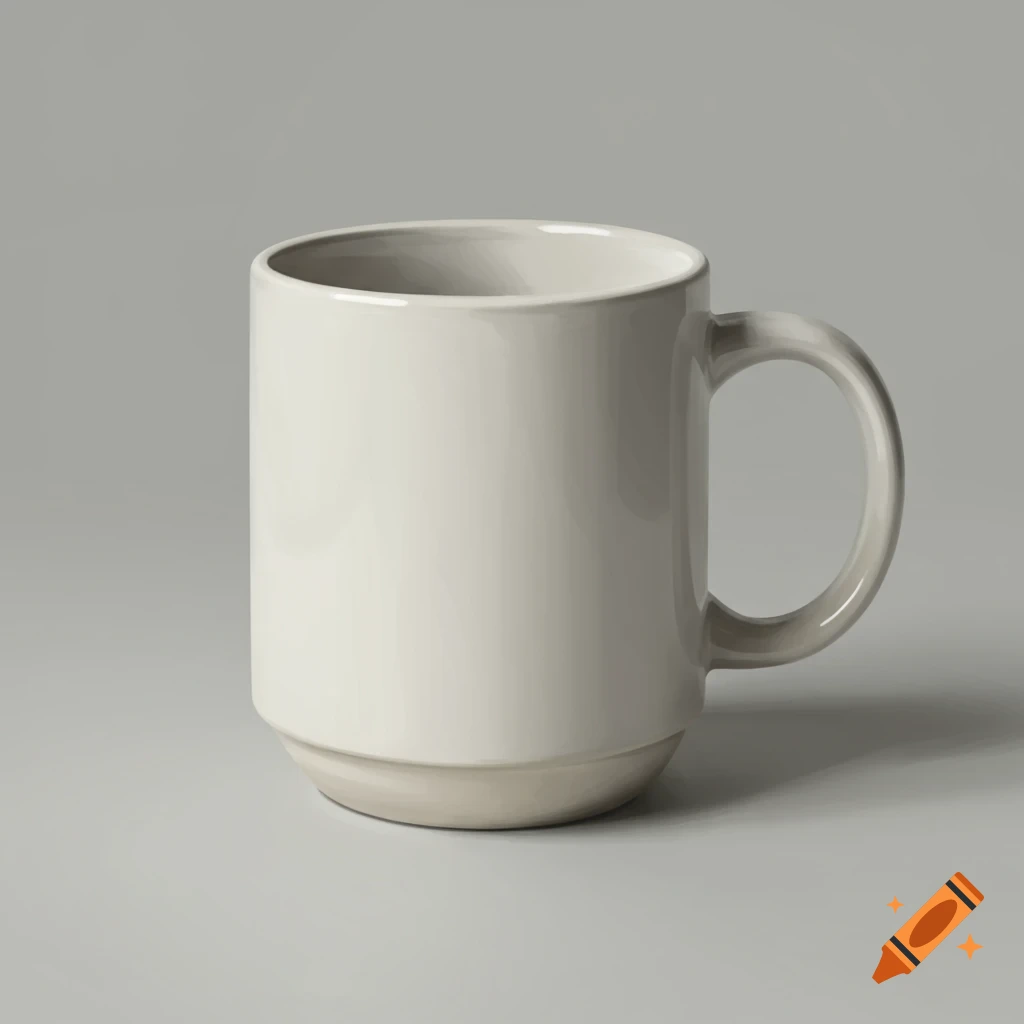 A simple white coffee mug on a grey background.