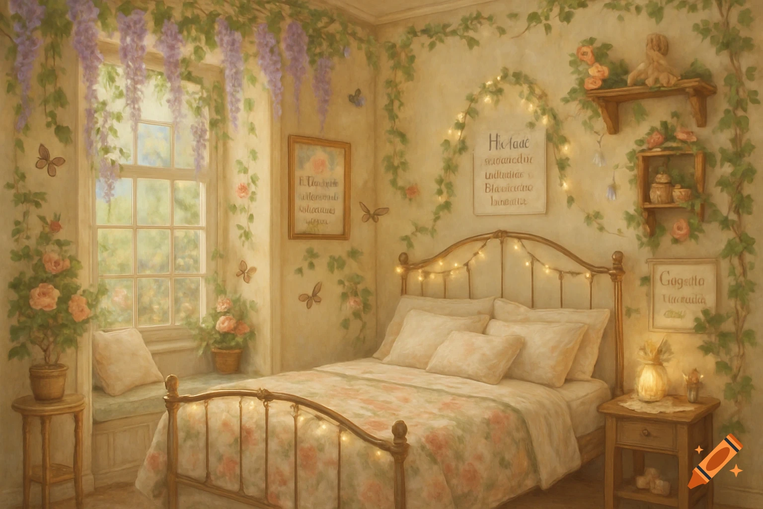 A cozy bedroom decorated in cottagecore or fairycore style with flowers, vines, butterflies, and string lights.