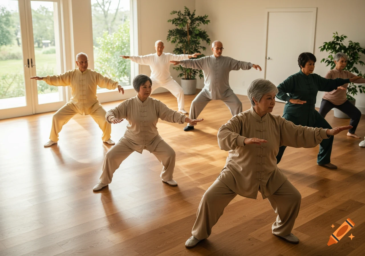 A group of seniors in traditional clothing practice Tai Chi indoors.