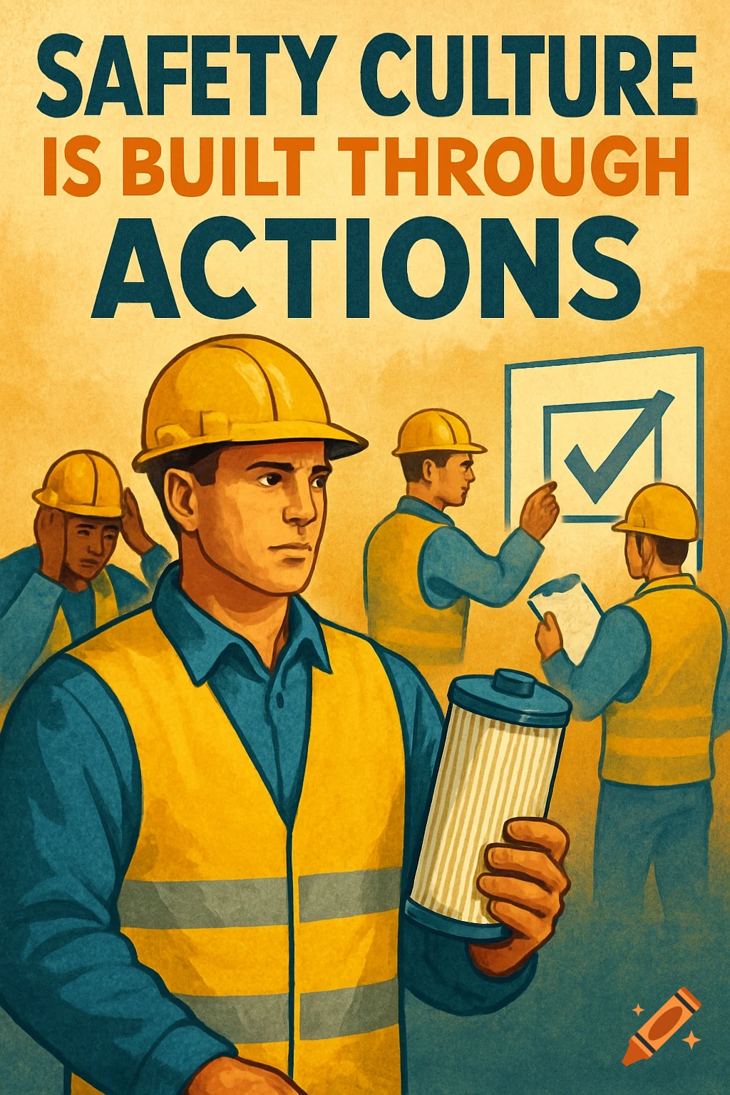 Safety poster with construction workers and text 'Safety culture is built through actions'