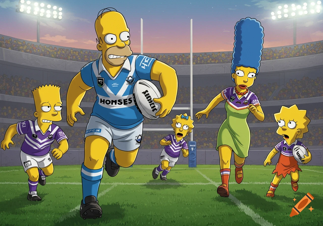 The Simpsons family playing rugby league on a field.