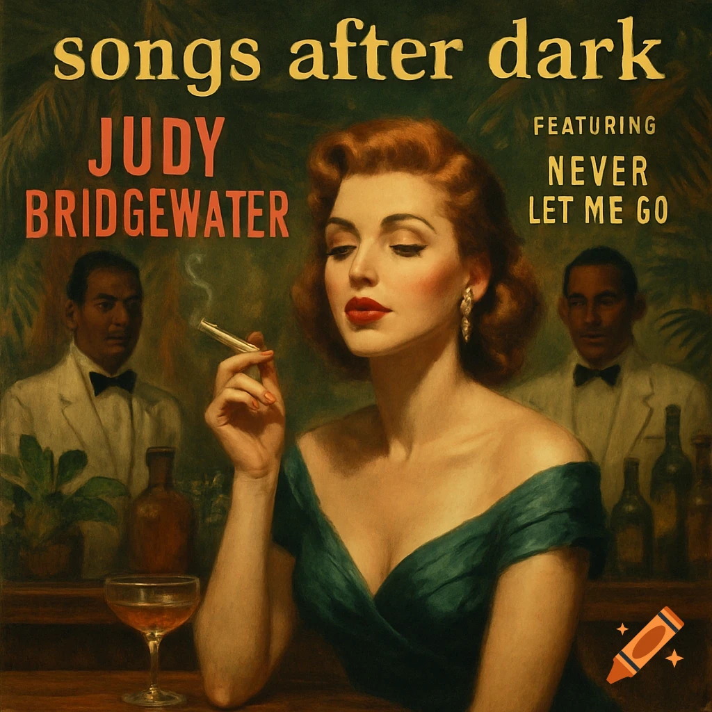 Retro-style painted album cover with a woman smoking, two men in the background, and text 'Songs After Dark Judy Bridgewater'.