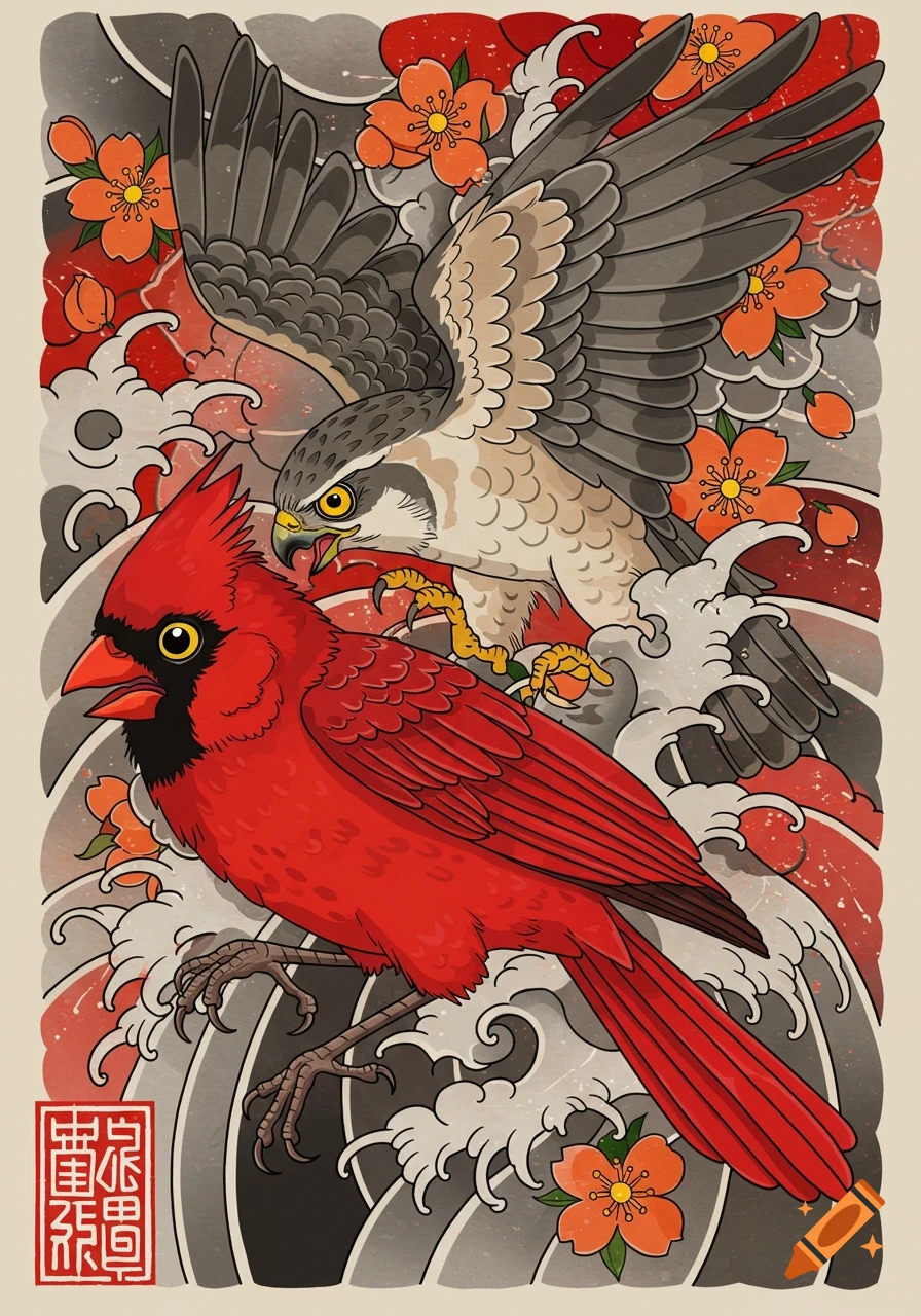 A cardinal and hawk in Japanese tattoo style with waves and flowers.
