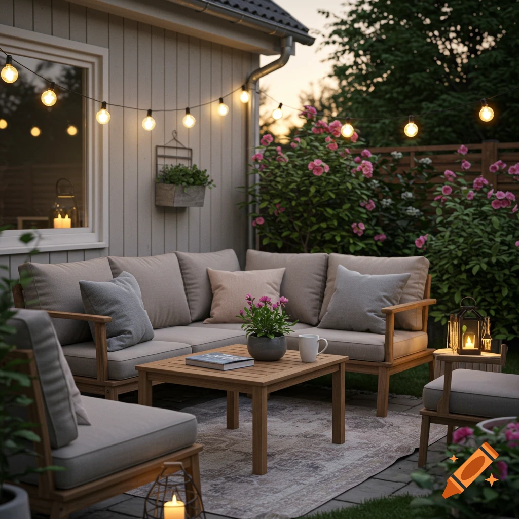 Cozy patio with outdoor sofa, coffee table, string lights, and blooming roses at sunset
