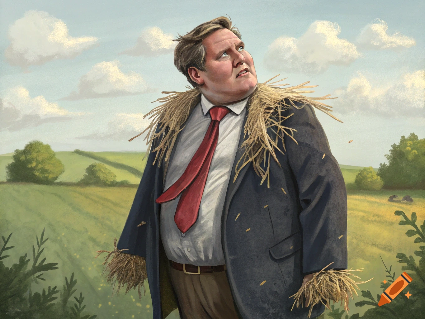 A man dressed as a scarecrow in a suit looks up in a field. Digital painting.