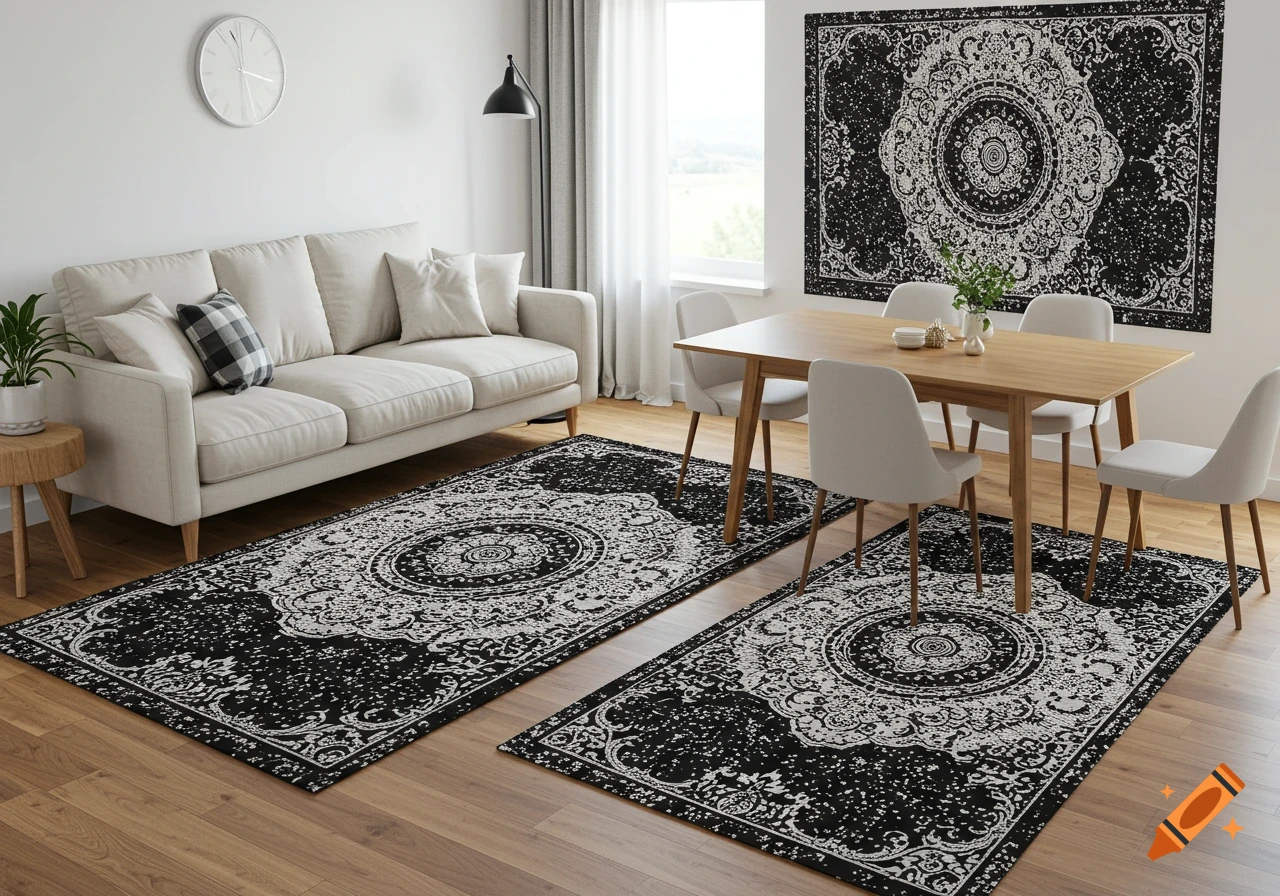 A spacious room features a white sofa next to a wooden dining table and chairs. Two large black and white patterned rugs cover the floor.