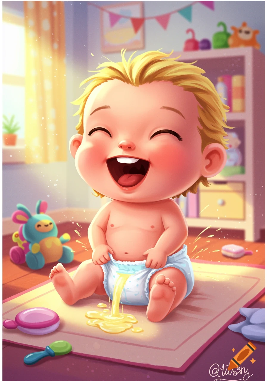 Cartoon illustration of a happy baby peeing during a nappy change in a nursery.