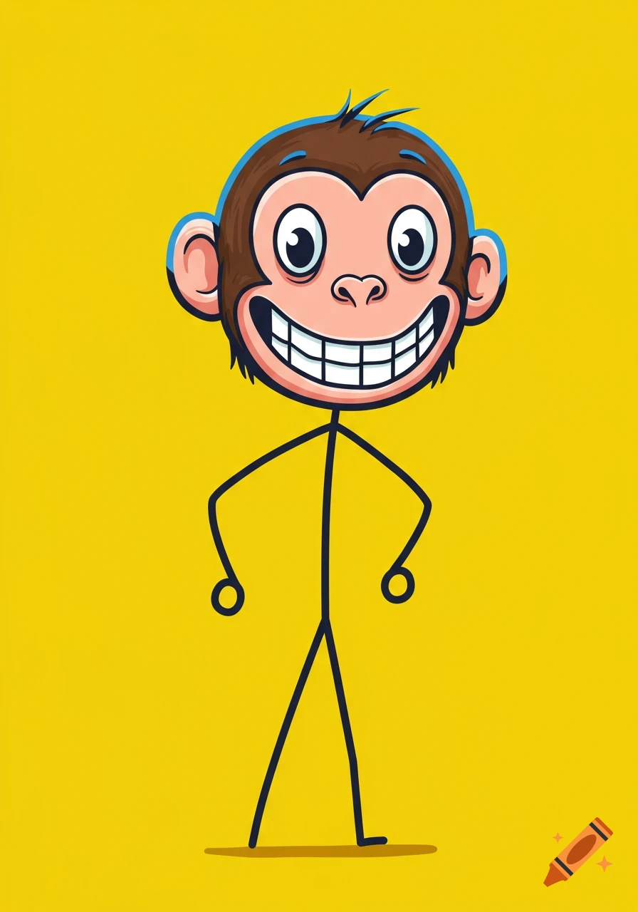 A cartoon stick figure with a smiling monkey face on a yellow background.