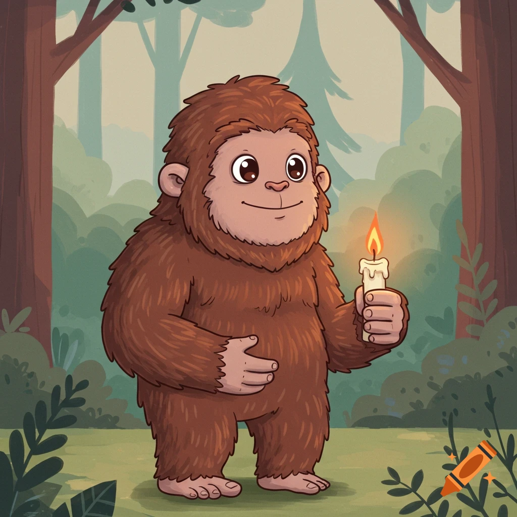 A cute cartoon Bigfoot holds a lit candle in a forest.