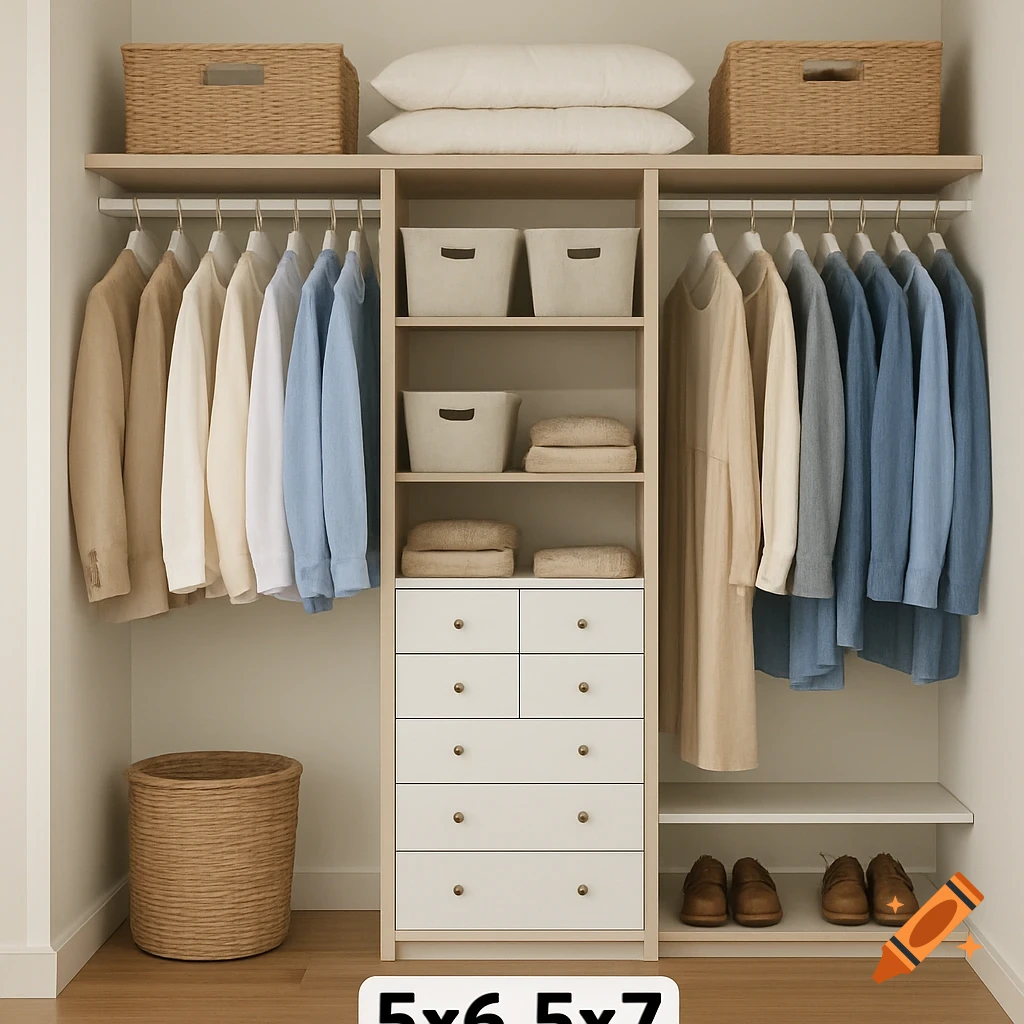 An organized closet system with hanging clothes, shelves, drawers, storage bins, baskets, and shoes.