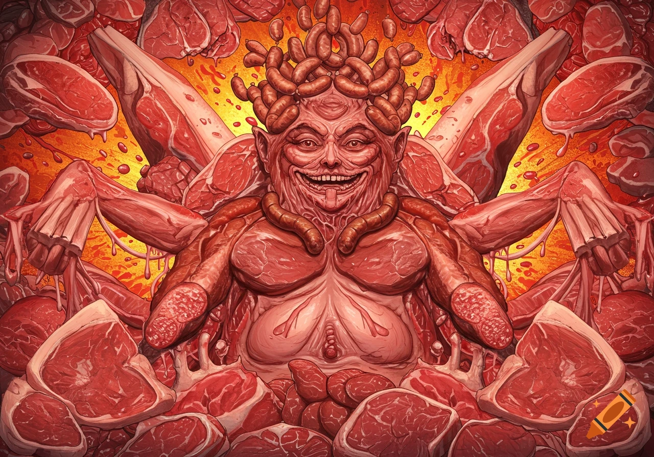 A grotesque creature made of meat and sausages, surrounded by raw meat cuts