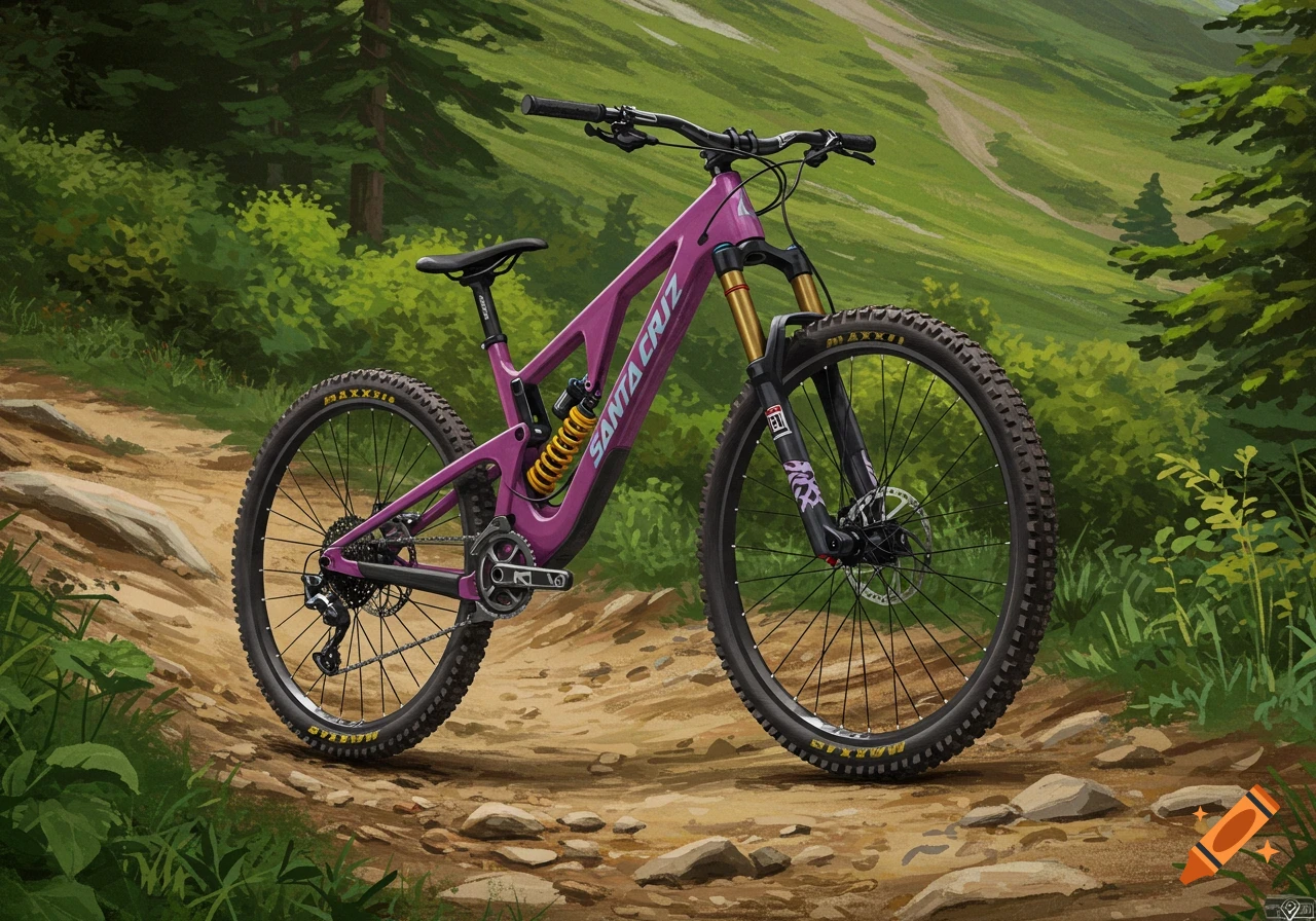 Illustration of a purple mountain bike on a dirt trail