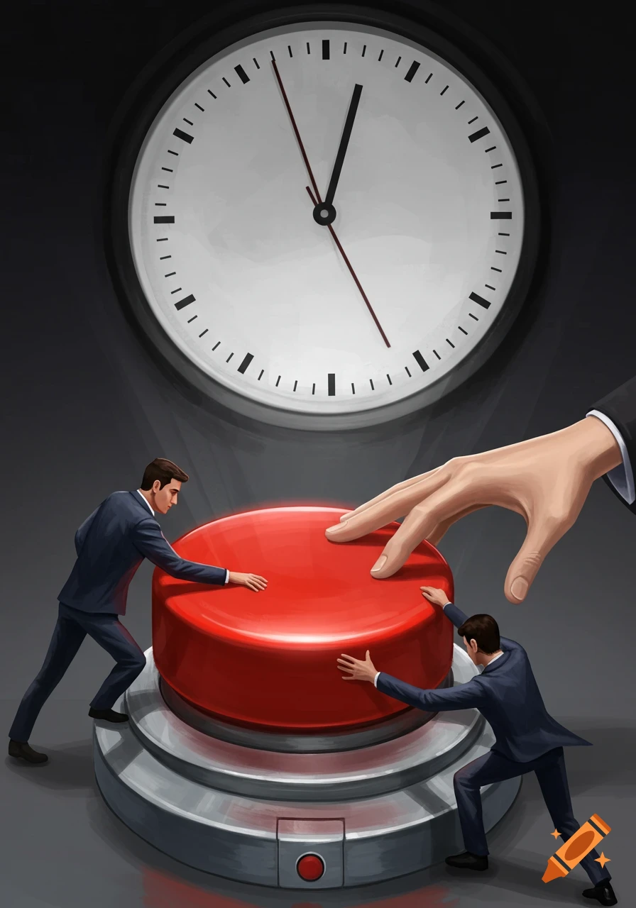 Two businessmen push a giant red button while a large hand reaches for it, with a clock in the background, illustration.