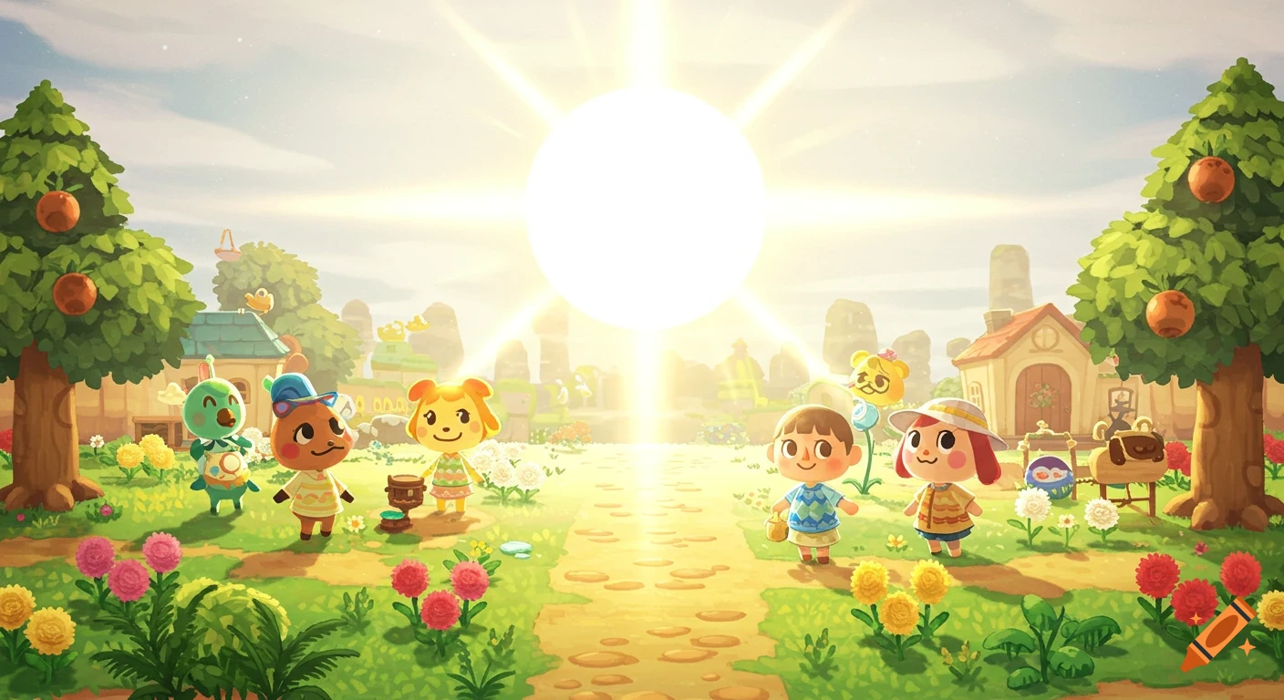 Animal Crossing characters stand on a path in a bright, sunny village landscape.