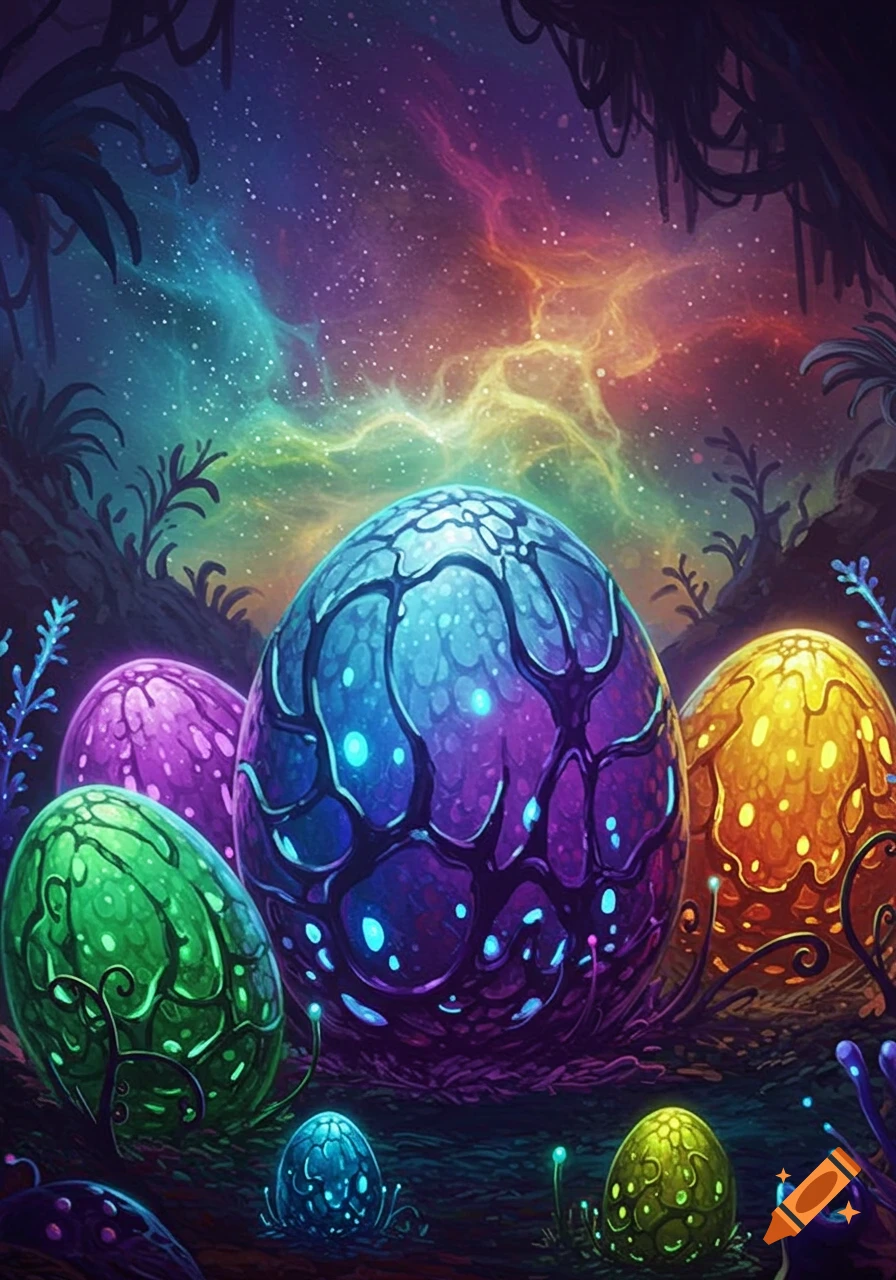 Colorful glowing alien eggs on a forest floor under a starry galaxy sky.
