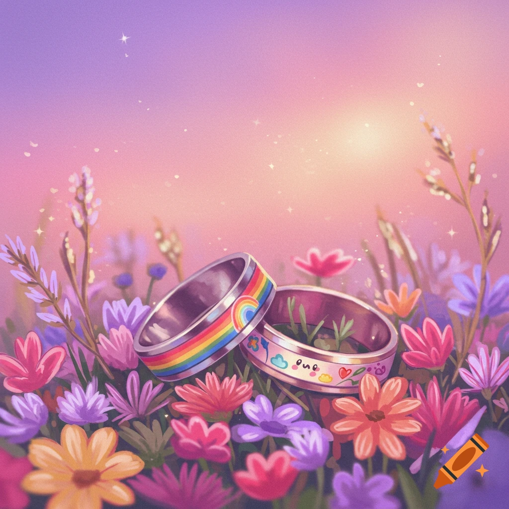 Two rings, one with a rainbow, on colorful flowers at sunrise