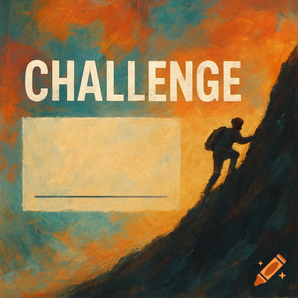 Painting of a figure climbing a dark mountain against an orange and teal sky, with the word CHALLENGE at the top and a text box below.