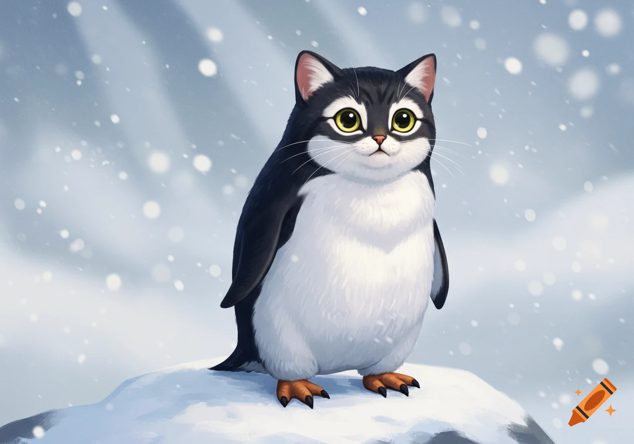 Cute cartoon illustration of a cat-penguin hybrid creature standing on a snowy rock in a snowstorm.