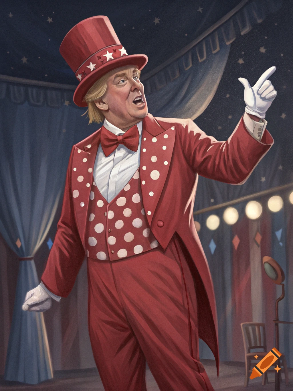 Illustration of Donald Trump in a red circus ringmaster or magician costume.