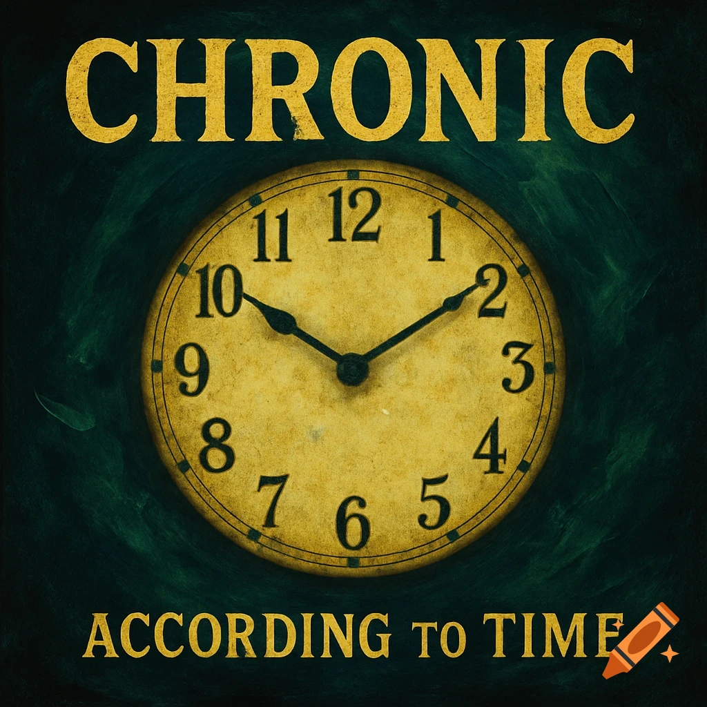 Album cover with the text CHRONIC and ACCORDING TO TIME above and below an old clock face.