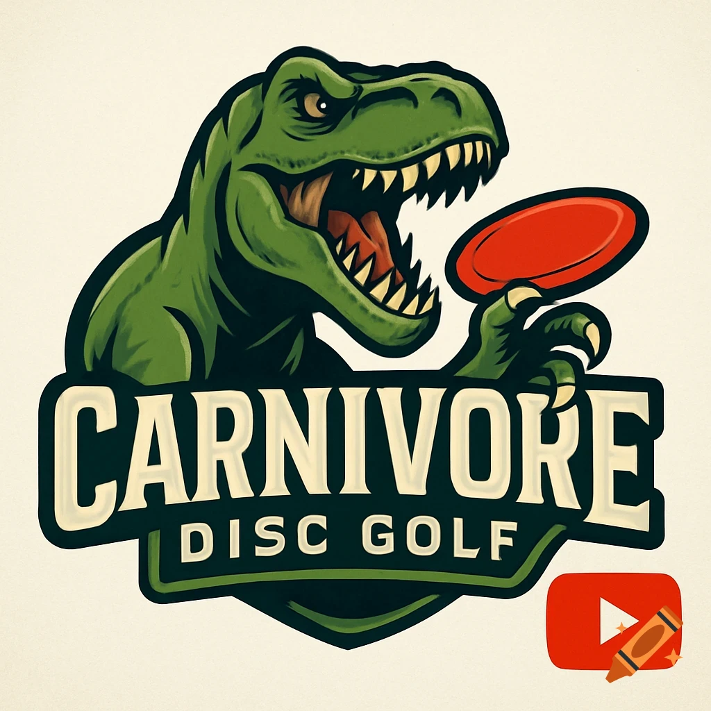 Logo of a T-Rex holding a disc golf frisbee with the text "CARNIVORE DISC GOLF". Includes a YouTube logo.