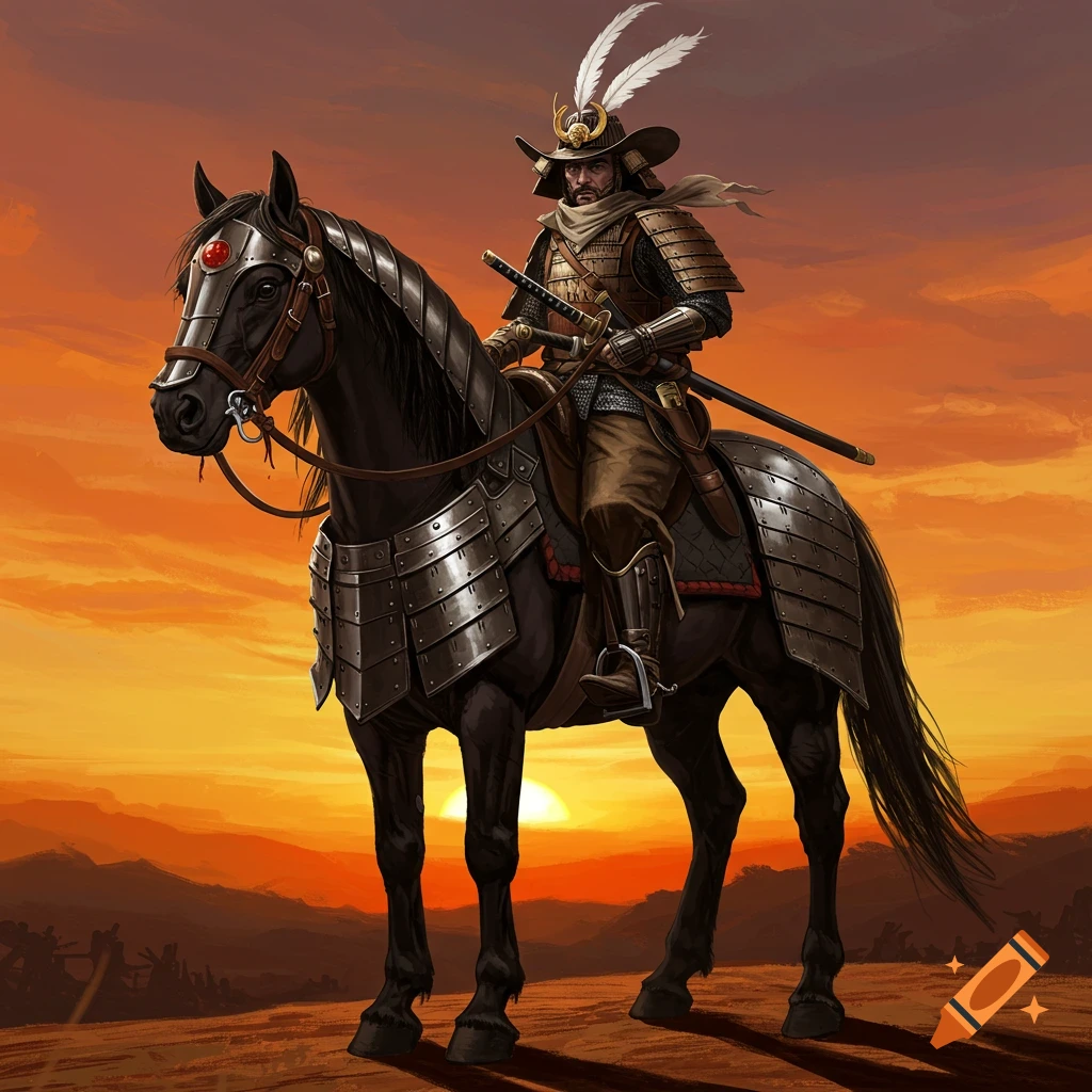 A warrior in mixed samurai, knight, and cowboy armor sits on a horse at sunset.