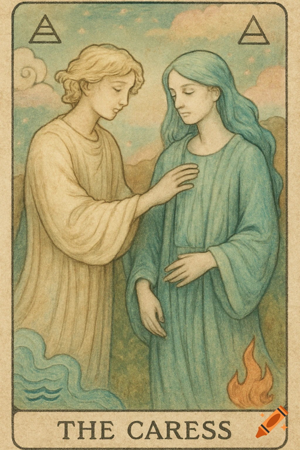 Illustration of a tarot card, 'The Caress', with two ethereal figures and elemental symbols.