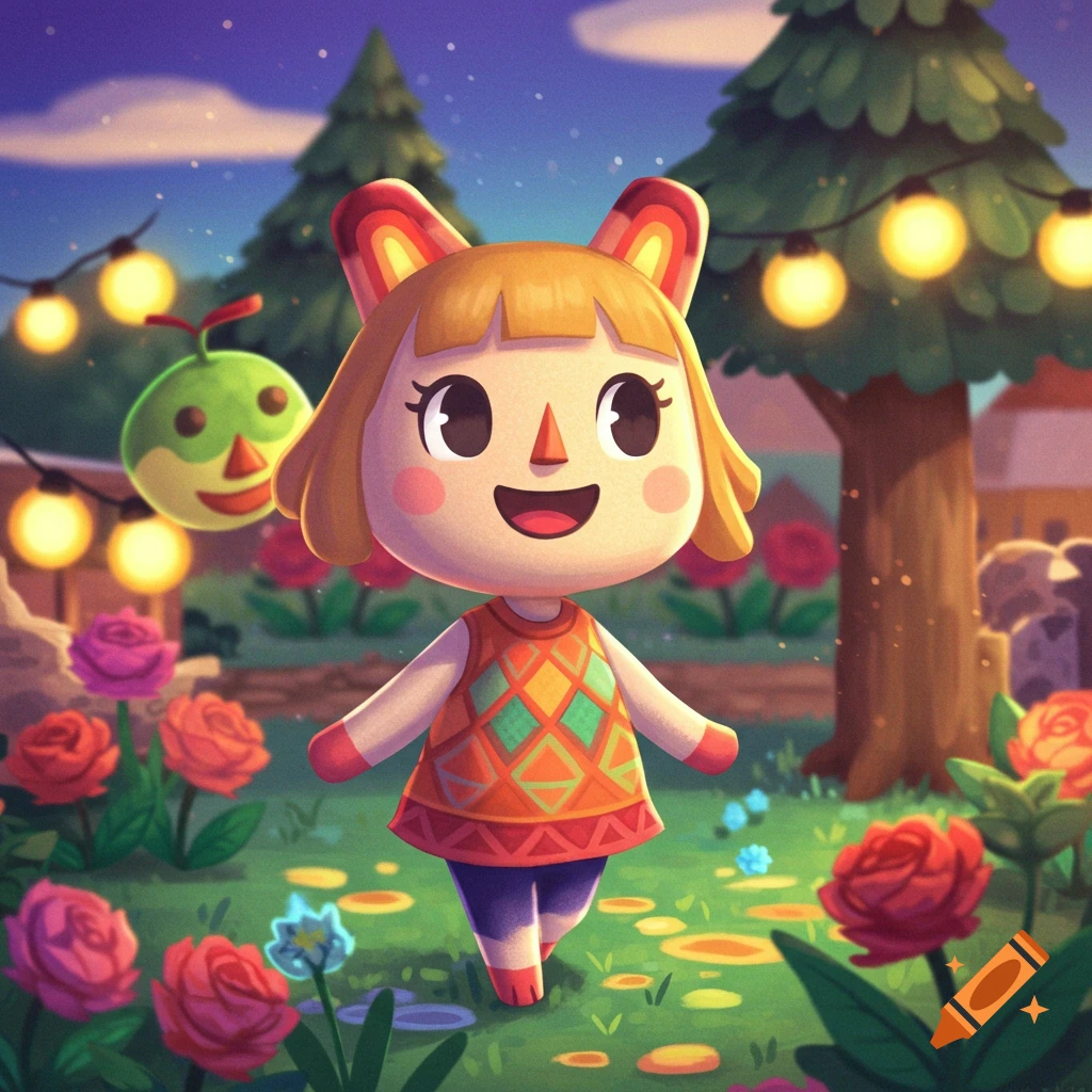 An Animal Crossing style cub villager in a garden with string lights.