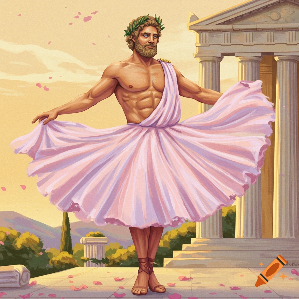 Muscular man in a toga and pink tutu dances near a Greek temple at sunset.