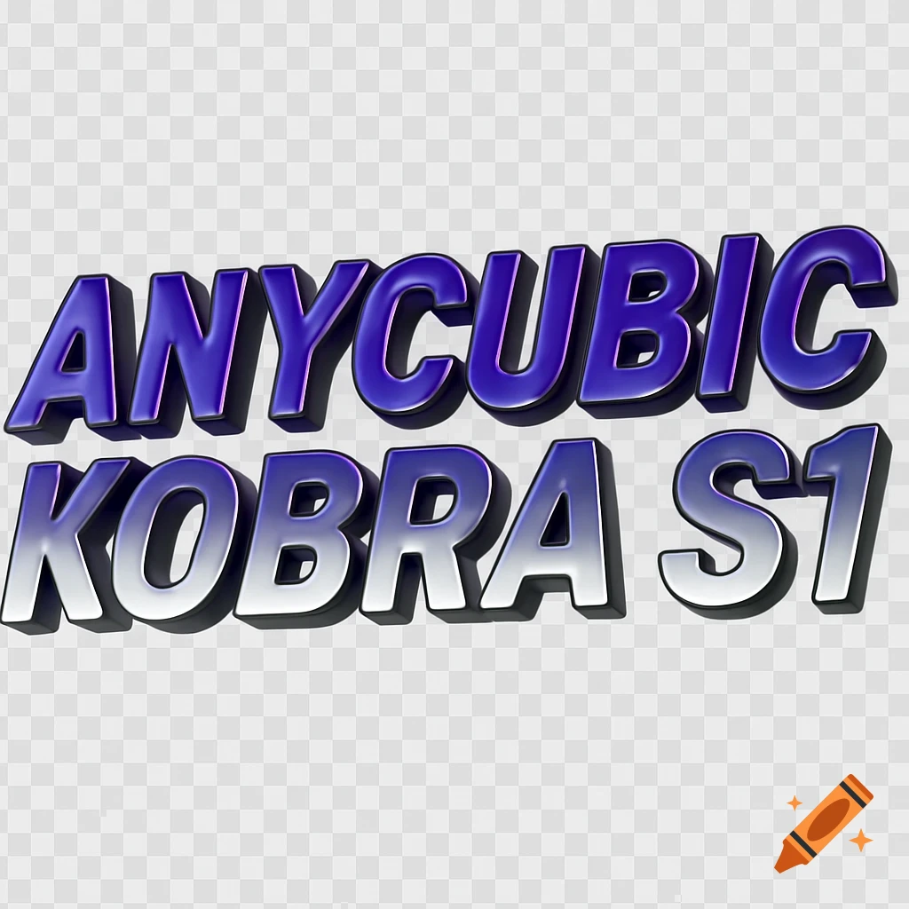 3D text reading ANYCUBIC KOBRA S1 with a purple and chrome gradient on a transparent background.