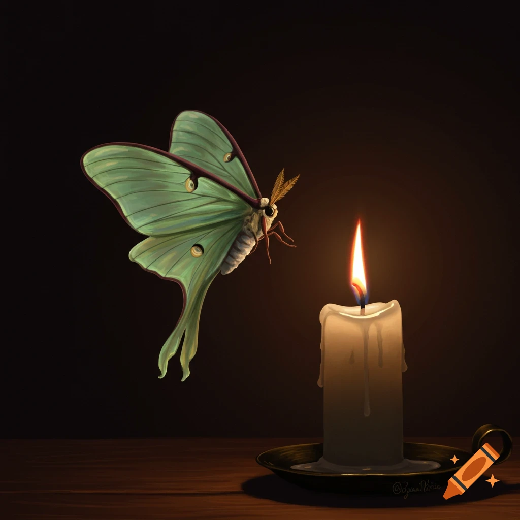 Illustration of a green luna moth flying near a lit candle on a wooden table in the dark.