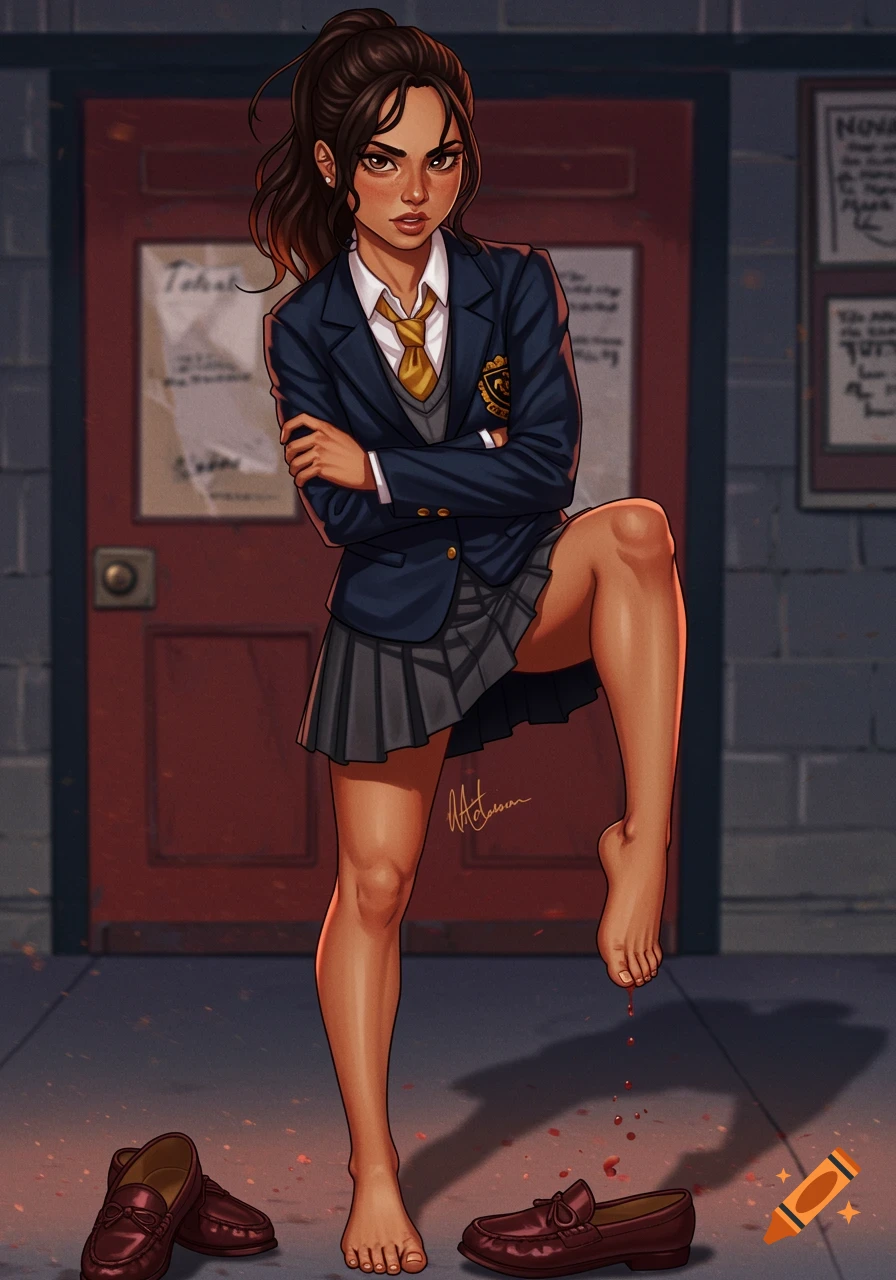 Illustration of a young woman in a school uniform standing barefoot on a street with discarded shoes.