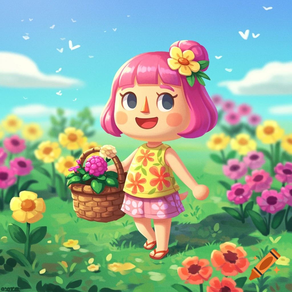 An Animal Crossing-style character with pink hair holds a basket and walks through a field of colorful flowers.